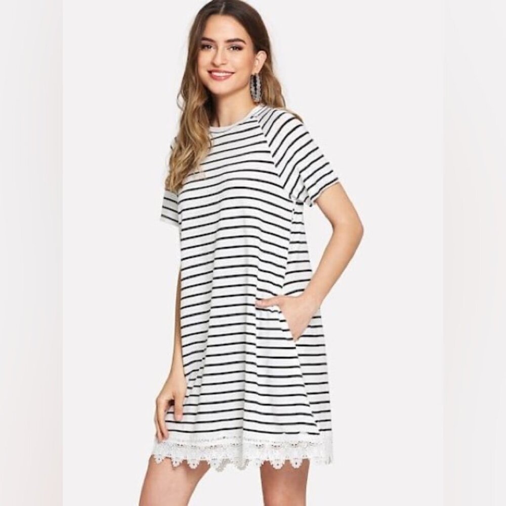 SHEIN Dress Stripes Lace Hem Short Sleeve Raglan Black White Size Small
